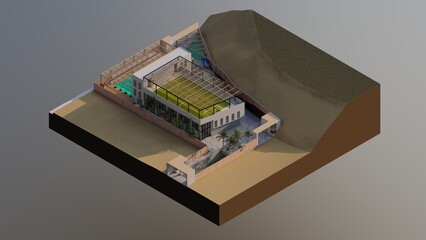 Communal premises in Lima Peru, minimalist architecture, potential architecture, design, render, isometry, axonometry, context architecture, urban, tropical in Lima, la molina, architectural project u