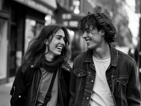 Black and white street photo of a happy laughing young couple, a man and a woman.