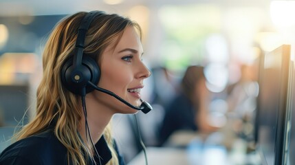 A women wearing a headset and talking on a phone in a call. Helpdesk call-center service operator