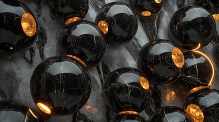 Black marble spheres, neon lighting