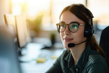 A women wearing a headset and talking on a phone in a call. Helpdesk call-center service operator