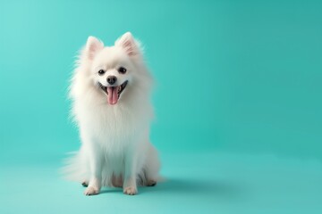 A white Pomeranian dog is sitting, photo on a blue background. Studio photo with a dog. Copy space.