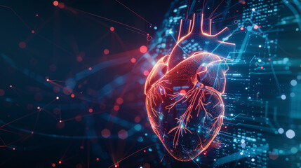 holographic human heart with digital graph, Medical innovation - obrazy, fototapety, plakaty