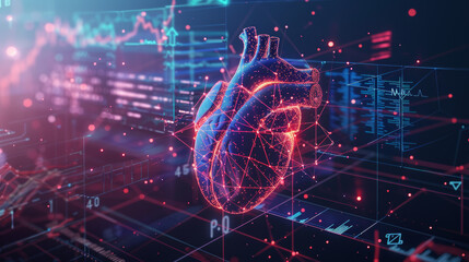 holographic human heart with digital graph, Medical innovation