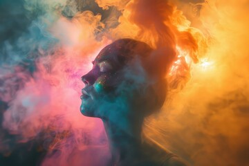 Colorful powder portrait of kolata with colorful powder, in the style of cosmic abstraction, smokey background