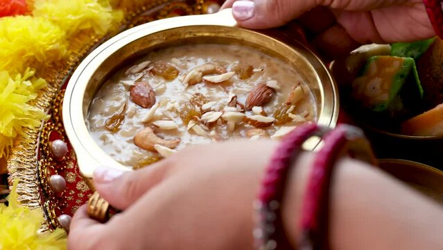Rice Kheer Indian Sweet Payesh. Kerala Onam Payasam Palada Phirni dessert Mumbai India. Mithai festival sweet dish Diwali Dussehra Holi ganesh chaturthi Ram navami Durga pooja durga ashtami Navratri.