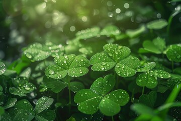 Four leaf clover green leaves in bright sun, in the style of mysterious jungle, water drops.