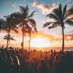 Against tropical backdrops beach parties come alive with the beats of summer music festivals radiating vibrant vibes - obrazy, fototapety, plakaty