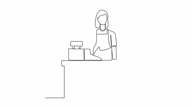 Self drawing animation of one single line draw Customers paying at checkout and cashier counters concept. Full length animation illustration.
