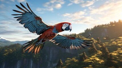 vector illustration Beautiful Scarlet macaw parrot flying in the wild on a green forest background - obrazy, fototapety, plakaty
