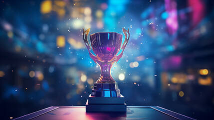 Trophy cup award on blurry colorful background with particles