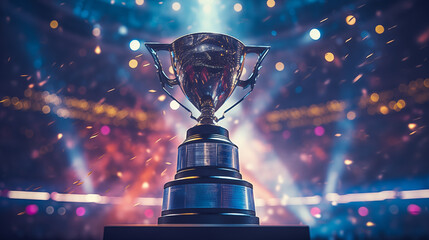 Esports cup trophy award on spotlights and colorful background
