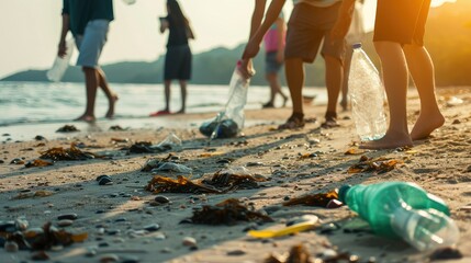 Group of people collecting garbage on beach.