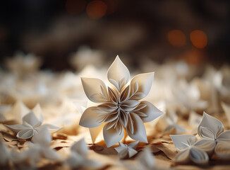 Close up macro photo of paper snowflake origami, blurred background