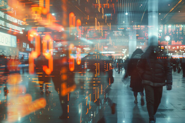 blurred scene of people within a bustling city in the stock market - obrazy, fototapety, plakaty