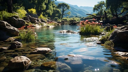 Fototapeta premium A gentle waterfall in a serene mountain setting, the sound of the water a soothing presence, wildflo