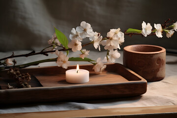 Sunlit Wooden Tray with Candle and Blossom  Generative AI,