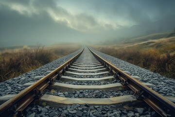 Fototapeta premium Rail track going to the sky to railway, in the style of misty atmosphere.