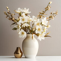 Generate a tranquil home interior ambiance with a vase holding white flowers against a light background. Generative AI,