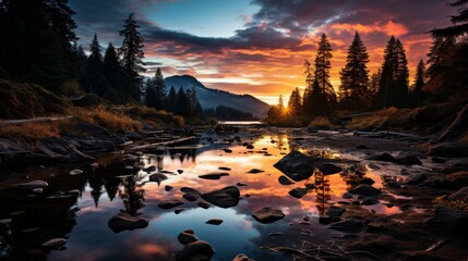 A serene alpine lake at sunset, the sky ablaze with colors, the silhouettes of pine trees framing th - obrazy, fototapety, plakaty