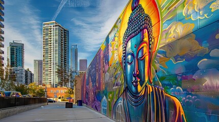 In a contemporary cityscape diverse cultures blend where a vivid mural of Buddha unfolds a dramatic tale - obrazy, fototapety, plakaty