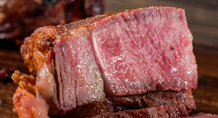 Beef Meat Grilled Steak sliced on wooden board. Homemade cooking beef steak for restaurant, menu,...