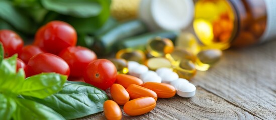Assorted fresh organic vegetables and dietary supplements pills on wooden table in kitchen