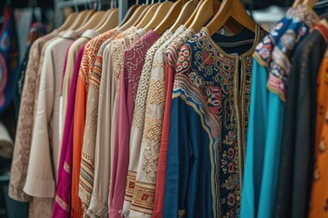 Women's traditional Muslim clothing is hung on hangers in a row to be sold in an Islamic fashion clothing shop - obrazy, fototapety, plakaty