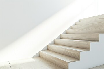 Simple oak stairs, modern, open stairs, swedish style, uniform white light background.