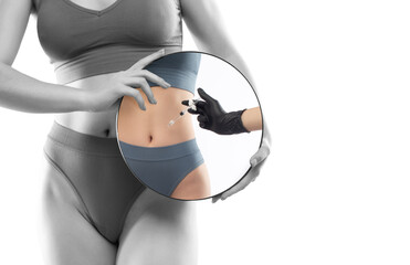 Aesthetic cosmetologist makes lipolytic injections to burn fat on the body of a woman. Female...