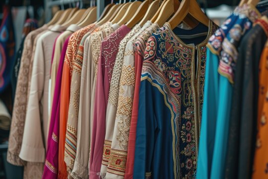 Women's traditional Muslim clothing is hung on hangers in a row to be sold in an Islamic fashion clothing shop