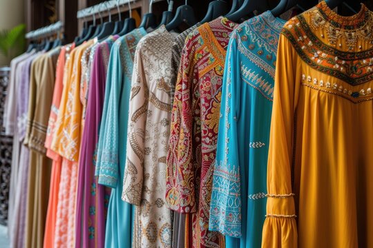Women's traditional Muslim clothes are hung on hangers in rows