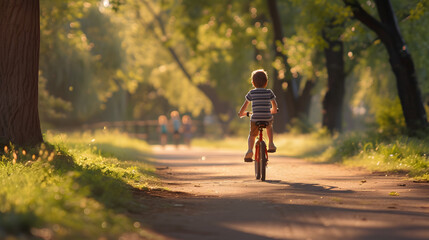 A child learning to ride a bicycle in a sunny park the moment of triumph as they pedal independently for the first time. - obrazy, fototapety, plakaty
