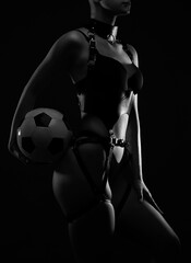 Fototapeta na wymiar Beautiful girl body with black sexy underwear on a black background. She is holding a soccer ball in her hands. Sexy body, close up nudity.