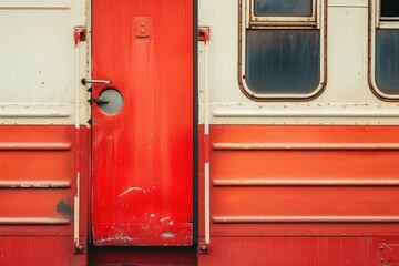 Fototapeta na wymiar The door of a red red and white train car, in the style of lightbox.
