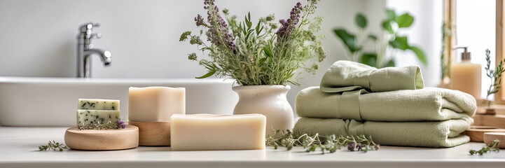 Natural handmade soap and candles in white bathroom on eco-style background, rolled towels, potted plants. Hobby soap making, home made. 