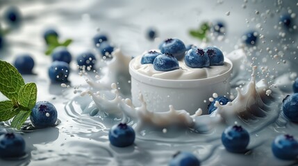 Obraz na płótnie Canvas Bottled milk or yogurt It was placed on top of milk splashing with blueberries floating and sinking into the surrounding milk. on a white background commercial art advertising art