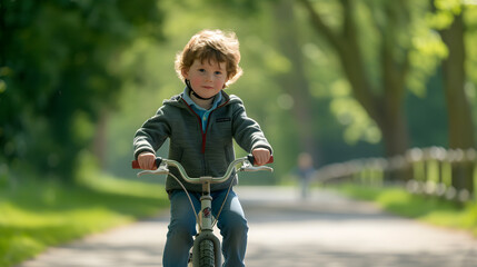A child learning to ride a bicycle in a sunny park the moment of triumph as they pedal independently for the first time.