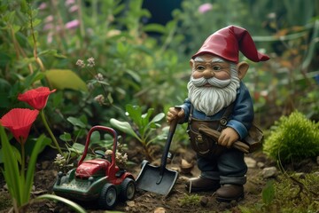 The garden gnome on grass, in the style of object portraiture specialist, light red and dark emerald.