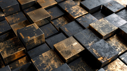 3D geometric blocks, black and gold design