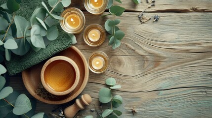 The idea of a spa treatment featuring the use of natural eucalyptus oil and extracts from eucalyptus leaves, elegantly presented on a wooden table. - Powered by Adobe