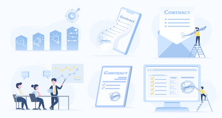 Business ideas collection set. Goal setting, data analysis, signing signature, contract agreement, creativity, thinking, growth. Flat vector design illustration.
