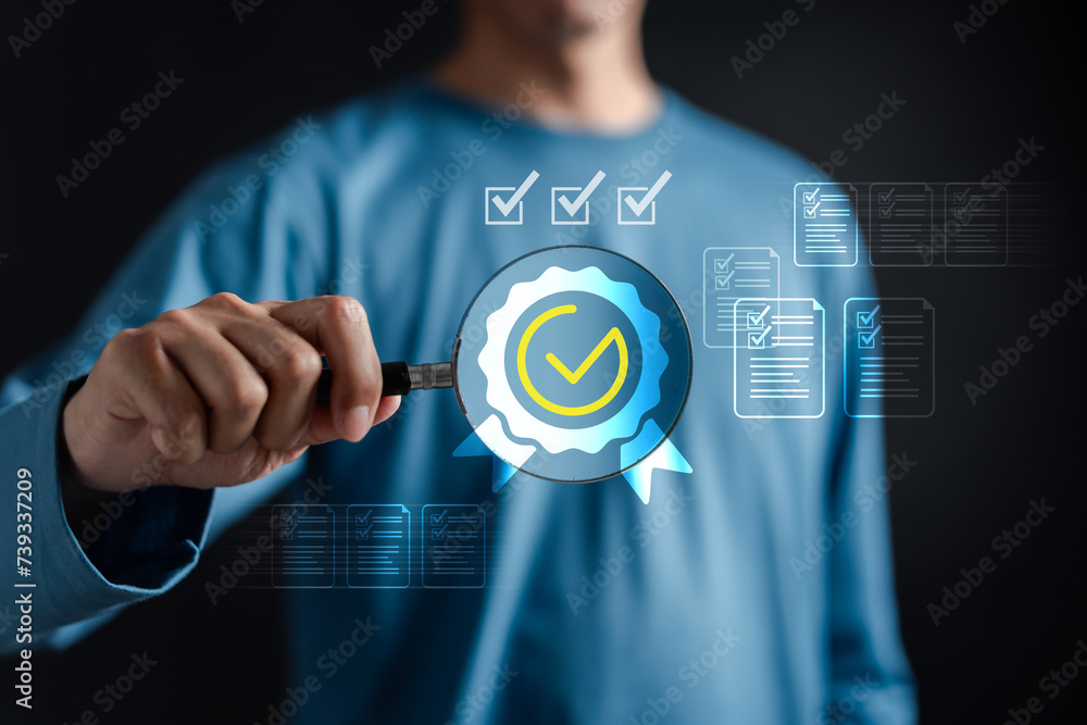 Aufkleber Quality Certificate and Checklist document analyst target marketing planning assignment with quality management. Standardization, certification. Compliance to regulations service and standards