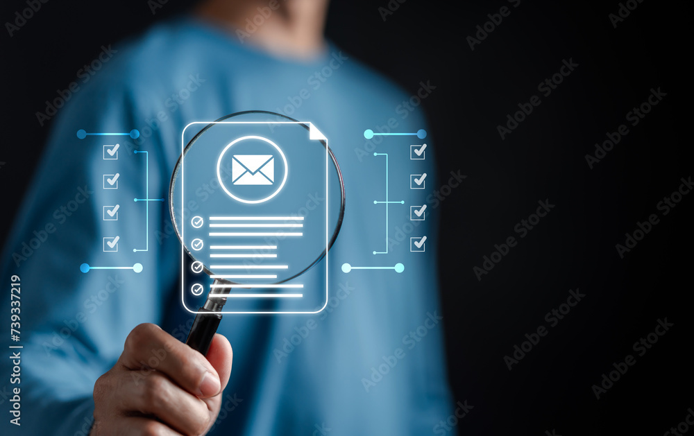 Aufkleber Email Checking and Protection Security from Spam. Security protection notification on internet letter security protect, junk and trash mail and compromised information.