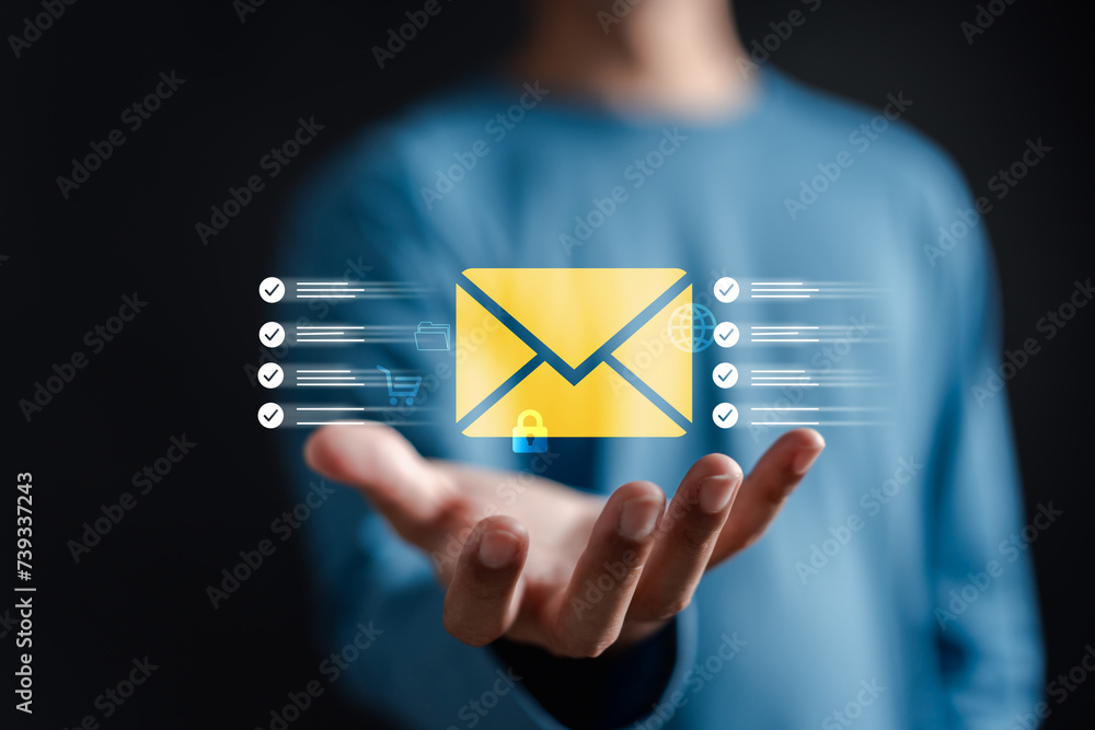 Aufkleber Email Checking and Protection Security from Spam. Security protection notification on internet letter security protect, junk and trash mail and compromised information.