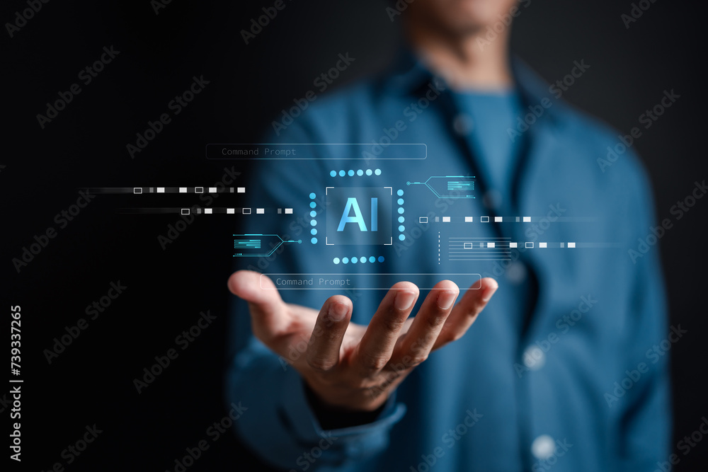 Aufkleber Businessman using ai technology. chat bot with AI Artificial Intelligence generate. Futuristic technology, robot in online system. Business in future.