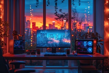 The glowing computer screen reflects the twinkling lights from the christmas tree outside, creating a cozy and festive ambiance for late night work at the indoor desk
