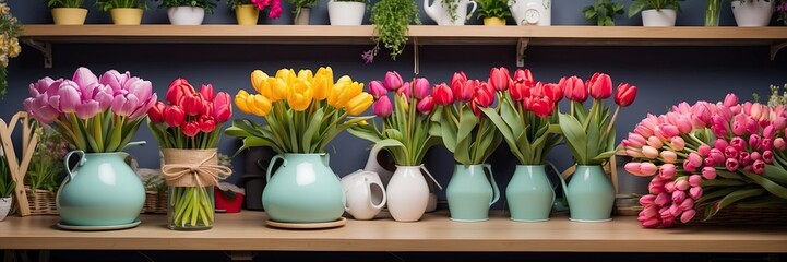Colorful bouquets of tulips in a flower shop - fresh cut flowers in boxes and vases in a warehouse and racks for sale, delivery for the holiday. Spring, March 8, women's Day, birthday.