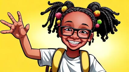 African girl With School Bag Holding Thumb Up . Isolated Illustration. Yellow background