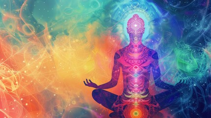 Transcendental chakras space meditation futuristic colorful background. - obrazy, fototapety, plakaty